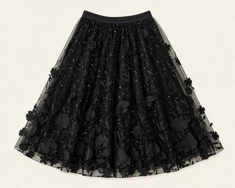 S.DEER Black 3D Floral Mesh Midi Skirt Dark Romance Goth Size L NWT